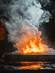 Aufkleber - Red hot metal billets submerged in water create dramatic steam clouds in a bustling workshop environment, tools scattered throughout