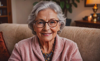 Poster - Woman in a pink sweater and glasses is smiling. She is sitting on a couch. The couch is covered in a blanket