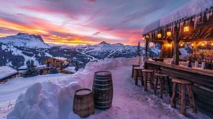 Poster - Snow blankets the ground as the sun sets behind majestic mountains, casting a warm glow over a rustic bar with wooden stools, creating a cozy winter atmosphere.