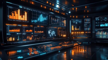 Poster - a futuristic control room displays vibrant data visualizations and graphs on multiple screens, illum