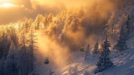 Aufkleber - Golden sunlight breaks through the clouds, casting a warm glow on snow covered trees and ski lifts. A serene mist drifts through the valley, creating a magical winter atmosphere.