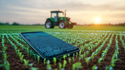 Poster - Farmers utilize smart devices to monitor and optimize crop growth as the sun sets over green fields. A tractor is visible in the background, symbolizing modern agricultural techniques.