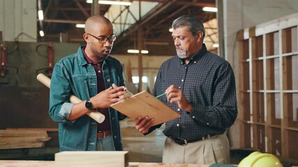 Aufkleber - Men, carpenter and clipboard at workshop, discussion and review with planning, design and project management. People, mentor and checklist for feedback, creativity or advice for woodwork in factory