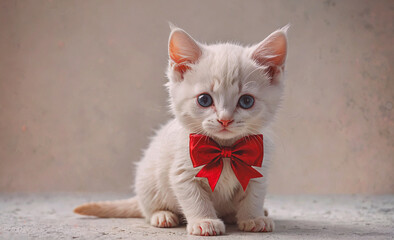 Poster - Cute white kitten wearing a red bow tie. The kitten is sitting on a surface and looking at the camera