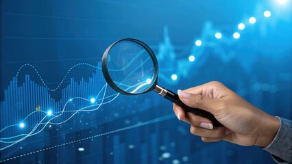 Poster - Zooming in on Financial Growth: A hand holding a magnifying glass over an upward trending stock graph, signifying financial analysis and market research