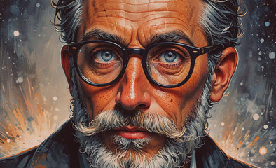 Poster - Man with glasses and a mustache is the main subject of the image. The man's facial features are emphasized, and he is looking at the camera. The image has a vintage feel to it