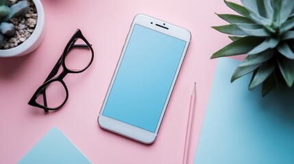 Poster - Flat lay of office stationery and mobile device with business chat open.