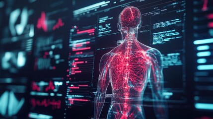 Poster - Futuristic AI-powered medical analysis with digital human anatomy scan.