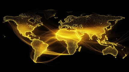 Poster - Global business communication with a digital world map and data overlays.