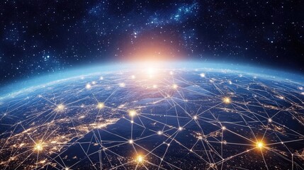 Poster - Global internet connections linking continents in a futuristic digital landscape.