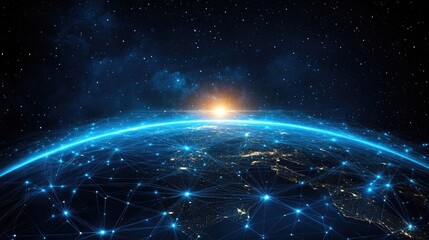 Poster - Global internet connectivity concept with glowing blue lines circling the Earth.