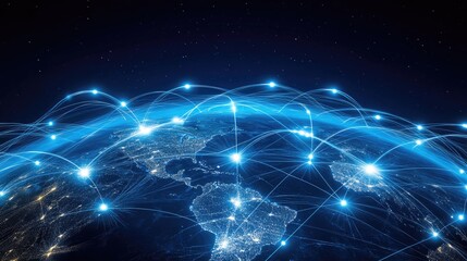 Poster - Global internet connectivity concept with glowing blue lines circling the Earth.