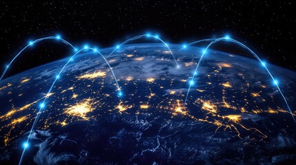 Poster - Global internet connectivity concept with glowing blue lines circling the Earth.