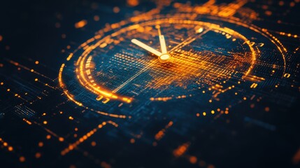 Poster - Glowing futuristic clock with abstract time-related graphics, symbolizing efficiency.