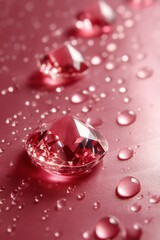 Poster - Captivating ruby diamonds glistening with water droplets on a luxurious pink satin surface creating a glamorous and elegant ambiance