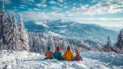 Aufkleber - Four individuals sit together dressed in colorful winter clothing, gazing at a breathtaking view of snowy mountains and frosted trees under a clear blue sky.