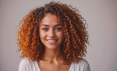 Poster - Woman with curly hair and a smile on her face. She is wearing a white shirt. Concept of happiness and positivity