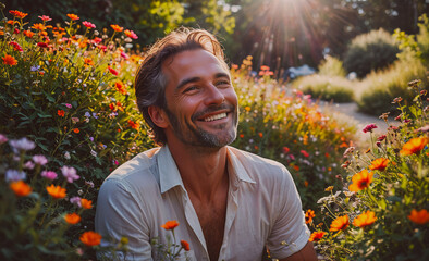 Aufkleber - Man is sitting in a field of flowers, smiling and enjoying the sunshine. The scene is peaceful and serene, with the man surrounded by the beauty of nature
