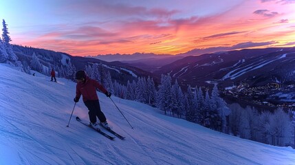 Aufkleber - Skiers glide down a snowy trail as the sun sets, casting stunning colors across the sky in a mountainous landscape filled with evergreen trees.