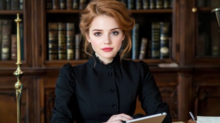 Poster - Female professional in office attire working on a tablet in an office