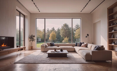 Poster - Large living room with a fireplace and a large sectional couch. The room is very spacious and has a modern design