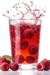 Poster - Refreshing raspberry drink with splash in glass on white background for summer beverage concept