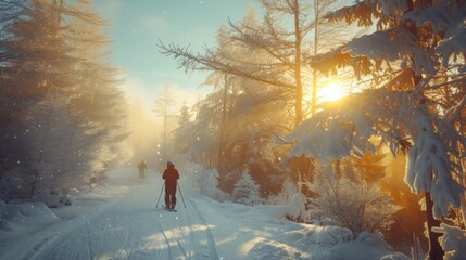 Poster - Early winter morning features skiers navigating a snow covered trail in a serene forest, with golden sunlight breaking through the trees and creating a dreamy atmosphere.