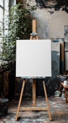 Poster - A blank canvas stands proudly on an easel in a serene artist's studio. Sunlight streams through the window, illuminating the rustic decor and hints of artistic tools, ready for inspiration