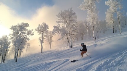 Aufkleber - Frost covered trees stand tall as a skier carves through untouched powder snow, showcasing skill and grace against a backdrop of a bright, cloudy sky.