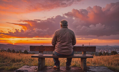 Poster - Man sits on a bench overlooking a city at sunset. The sky is filled with clouds, and the sun is setting in the distance. The man is lost in thought, and the scene conveys a sense of solitude and