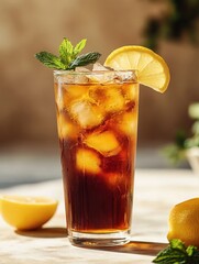 Poster - Refreshing iced tea with lemon and mint garnish on a bright sunny day beverage photography style