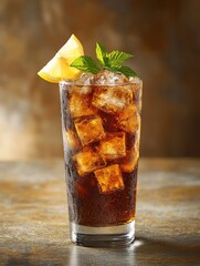 Poster - Refreshing cola beverage with ice cubes lemon slice and mint leaves in a tall glass on rustic table top capturing a cool refreshing mood