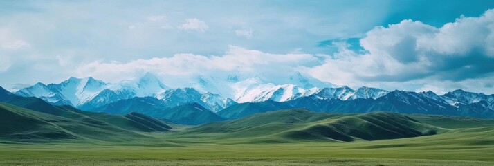 Leinwandbilder - Expansive view of misty snow capped mountains over lush green hills