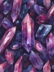 Poster - Watercolor Crystals in Shades of Purple and Red Artistic Mineral Formation Gemstone Pattern Amethyst Quartz Background Dark Tones