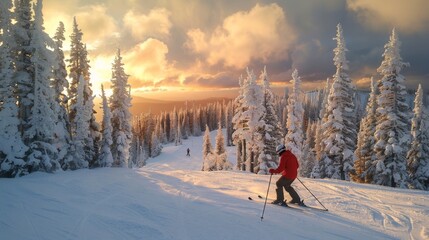 Aufkleber - A skier glides down a snow covered slope surrounded by tall pine trees as the sun sets in a vibrant display of colors. The sky is painted with hues of orange and purple, creating a serene atmosphere.