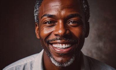 Poster - Man with a beard and gray hair is smiling. He has a white shirt on. The man's smile is bright and cheerful