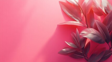 Poster - Lush, dark green leaves are gracefully placed against a vibrant pink background, with soft lighting enhancing their texture and creating a striking visual contrast that evokes tranquility