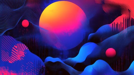 Poster - a vibrant, abstract digital artwork featuring a large sun and colorful, wavy shapes against a dark b