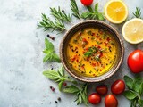 Vibrant olive oil dressing in rustic bowl with fresh herbs and ripe tomatoes on textured surface capturing culinary essence