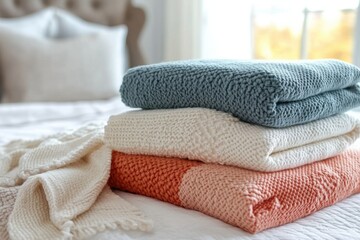 Poster - Cozy Knitted Blankets Stacked on Bed in Natural Light Home Interior Soft Texture Warmth Comfort Style