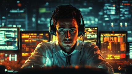 Poster - a focused individual in a dark room, wearing headphones, surrounded by multiple glowing computer scr