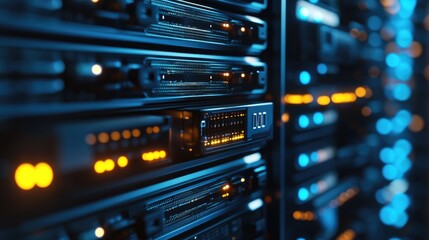 Poster - Network server racks with blinking lights processing online communication.