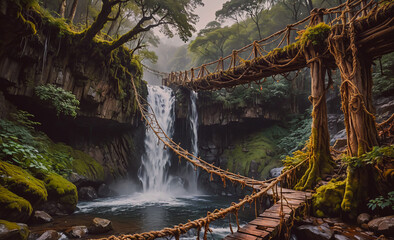 Aufkleber - Bridge over a waterfall with moss growing on it. The bridge is made of wood and rope