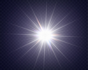 Poster - Bright white lens flare, glowing light burst, transparent bokeh effect, shining star explosion, hexagonal reflection, optical glare, abstract illumination, radiant energy, dynamic spark.	
