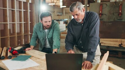 Aufkleber - Planning, carpenter or people with laptop in warehouse for manufacturing, workshop or furniture production. Teamwork, carpentry apprentice or online update for timber, lumber or construction business