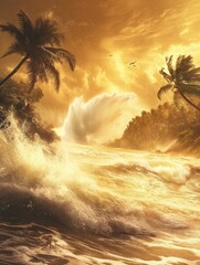 Aufkleber - Hurricane forces powerful seas onto tropical island with bending palm trees and intense atmosphere in stunning golden light