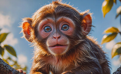 Aufkleber - Baby monkey is sitting on a branch with its eyes closed. The monkey is looking at the camera with a smile on its face