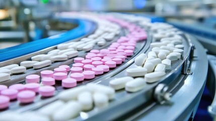 Poster - Pharmaceutical manufacturing line with automated pill sorting machinery.