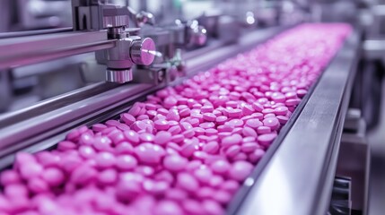 Poster - Pharmaceutical manufacturing line with automated pill sorting machinery.