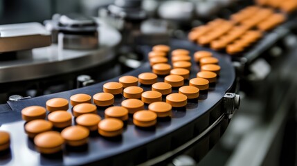 Poster - Pharmaceutical manufacturing line with automated pill sorting machinery.